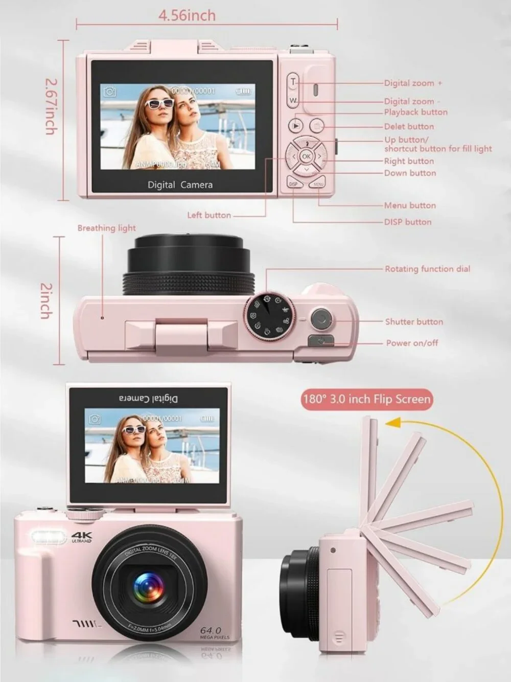 Compact 4K Vlogging Camera with 180° Flip Screen, 18X Zoom, 32GB Card & 2